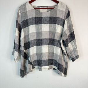 Habitat Linen Blend Woven Gray Plaid Boxy Top Womens Large Lagenlook CottageCore
